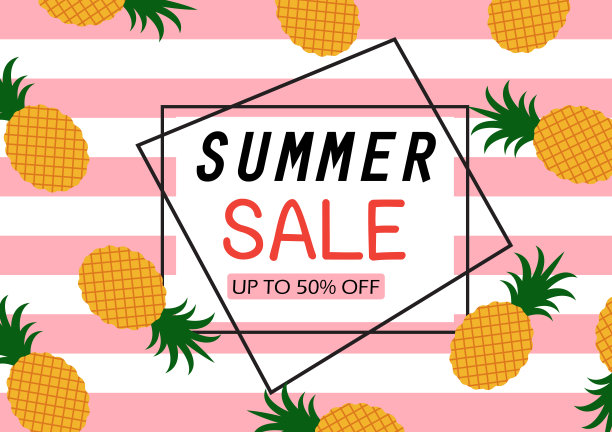 夏季销售横幅与菠萝图案在白色和粉红色的线背景图片下载