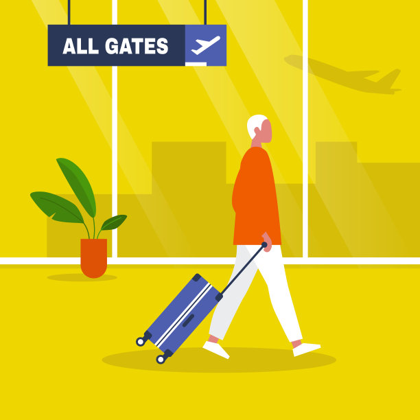 机场航站楼。年轻的男主角提着行李箱走路。等候区。所有的门。登机。平面可编辑矢量插图，剪辑艺术图片下载