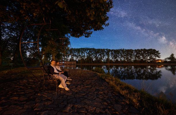 在夜空下，男男女女正在岸上休息图片下载