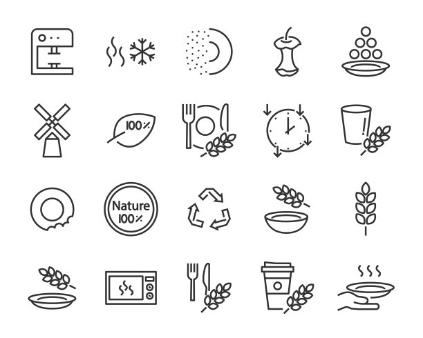 一套麦麸餐具图标，如工艺，碗，咬，产品，自然，盘由麦麸制成图片下载