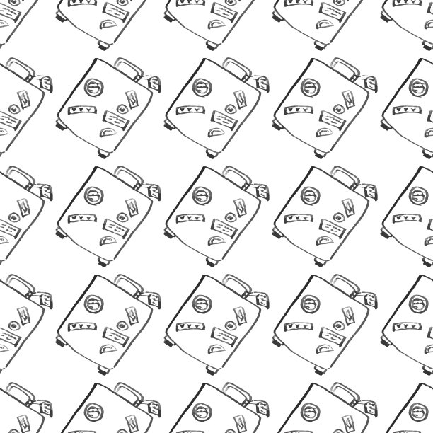 旅行行李无缝模式。时尚手绘水墨风格与黑色轮廓线孤立在白色的背景。可重复纹理织物，包装纸背景插图图片下载