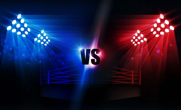 拳击擂台和泛光灯矢量设计：明亮体育场馆的红蓝色灯光矢量图图片下载