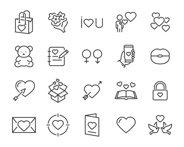 一套爱情图标，如心，礼物，卡片，情人节，婚礼图片下载