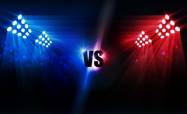 拳击擂台舞台和泛光灯矢量设计明亮的体育场舞台灯光红蓝色。向量照明图片下载