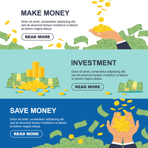 为商业、银行理念、金融战略、投资、赚钱树立横旗。黄金硬币和一捆钱与手臂-平面矢量插图图片下载