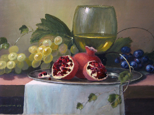 有石榴和葡萄的静物画图片下载