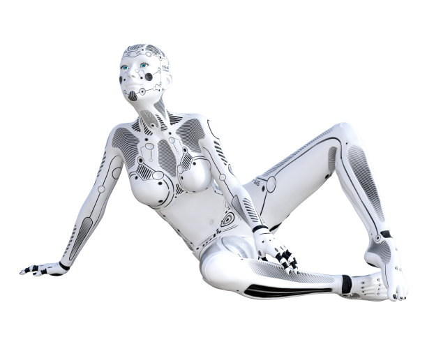 机器人的女人。白色金属机器人。人工智能。图片下载