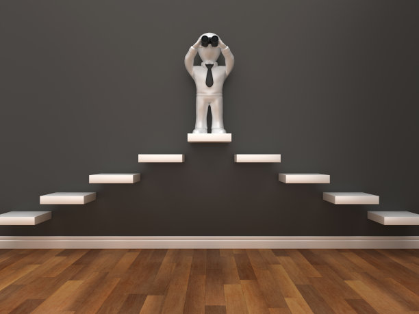 步骤和角色与双筒望远镜在房间- 3D渲染图片下载