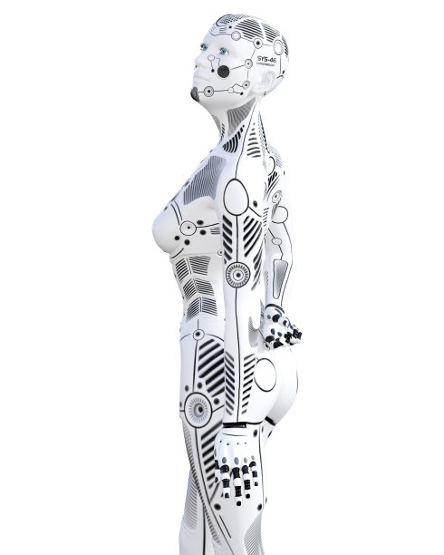 机器人的女人。白色金属机器人。人工智能。图片下载