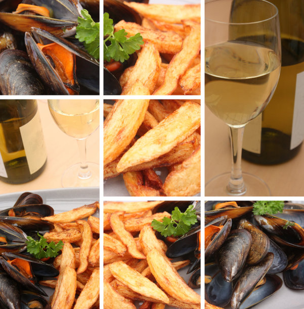 贻贝和炸薯条配白葡萄酒图片下载