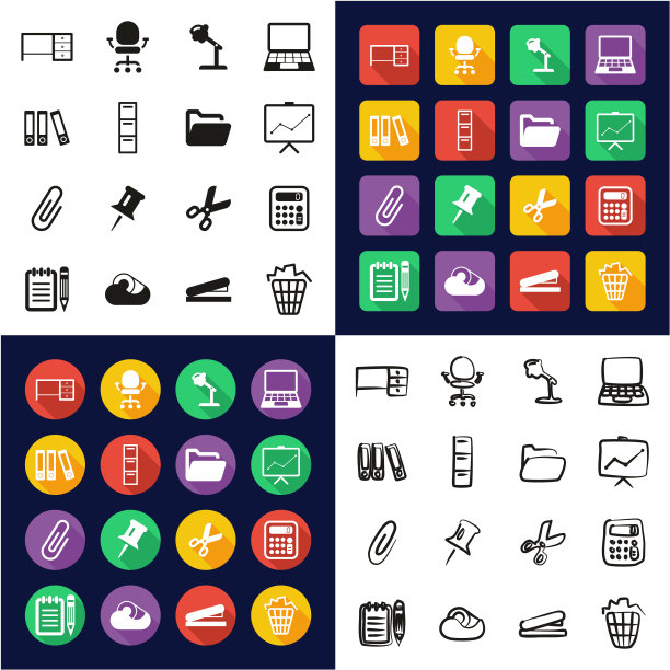 办公用品图标一应俱全图标黑白单色平面设计徒手集图片下载