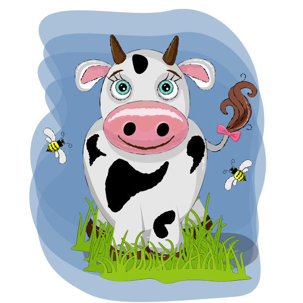 可爱的奶牛，可爱的婴儿卡通背景与草和蜜蜂。可爱的贺卡。向量illustation。图片下载