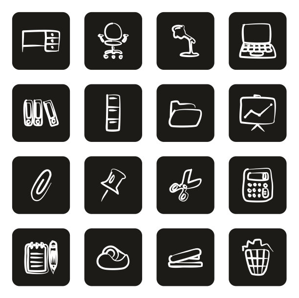 办公用品图标徒手白色在黑色图片下载