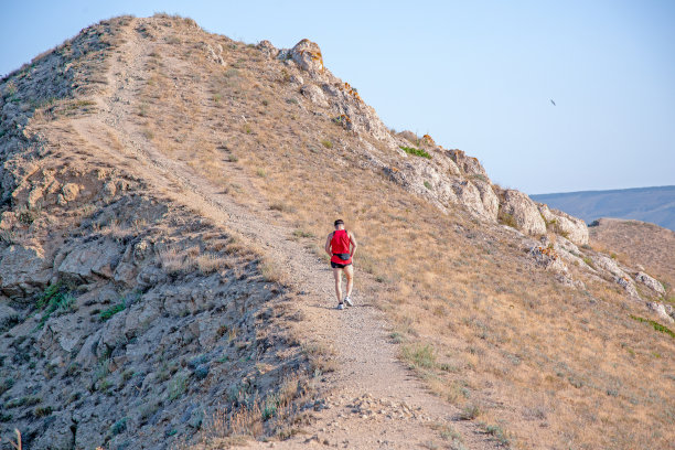 后视图的运动员跑在一个山小径在蓝天的背景图片下载