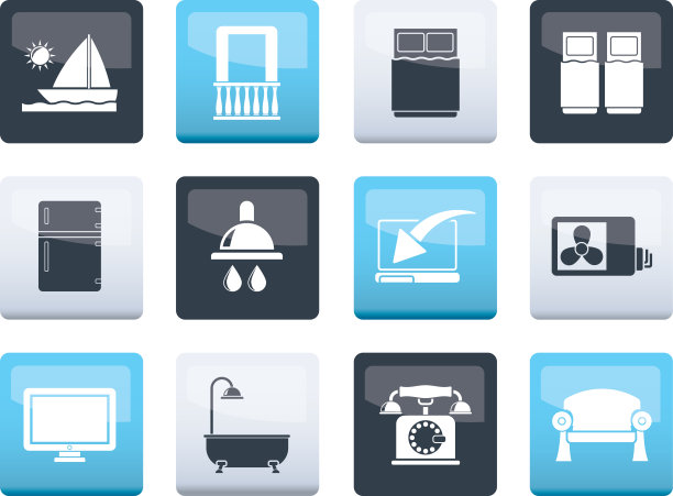 酒店和汽车旅馆房间设施图标上的颜色背景图片下载