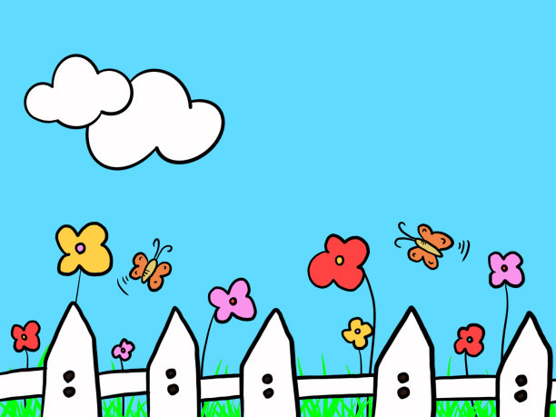 栅栏，花，草，蝴蝶，云彩图片下载