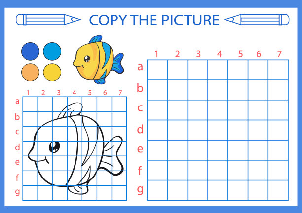 用绘画课上色。用网格线重新绘制卡通鱼的图片。为孩子们复制这幅画。儿童绘画艺术游戏。活动页的书籍。爱好的课程。矢量插图。图片下载