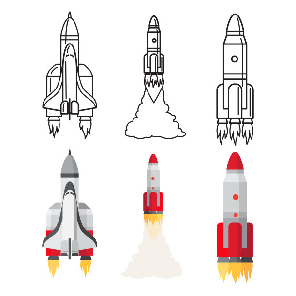 卡通和涂鸦线空间火箭设置矢量插图图片下载