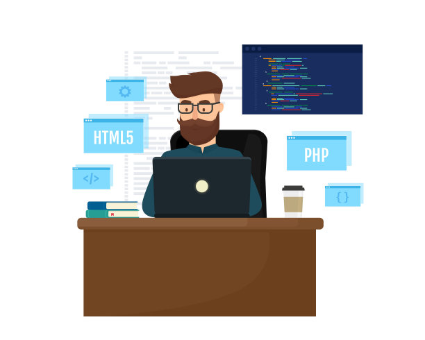 年轻的程序员使用笔记本电脑编写一个新项目。编程和工程概念。矢量插图隔离在白色背景上。图片下载