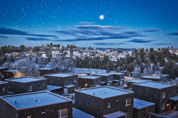 一天早晨，在挪威奥斯陆的Mortensrud。空中飘着小雪图片下载