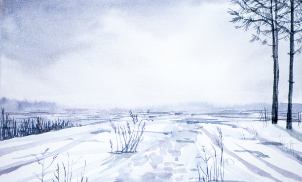 冬天的森林和雪原景观。手绘水彩插图。素材图片