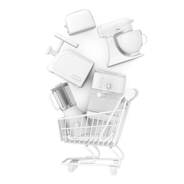 许多厨房用具在粘土风格的购物车。3d渲染图片下载