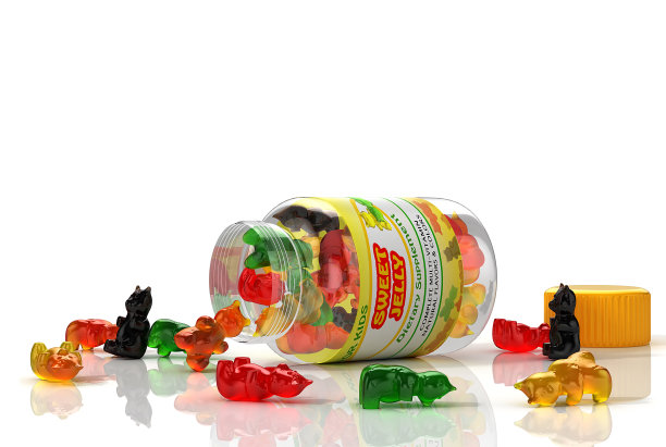 儿童复合维生素果冻从透明容器倒。三维渲染图片下载