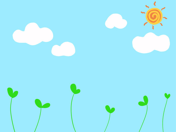 蓝色的背景，绿色的芽、云和太阳图片下载