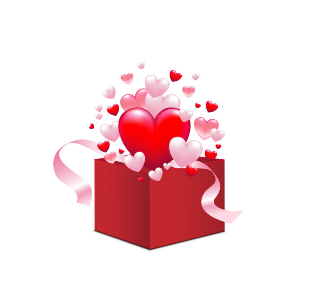 盒子与许多心，卡片问候，矢量插图孤立在白色背景图片下载