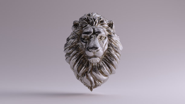 银色成年雄狮胸像雕塑前面图片下载