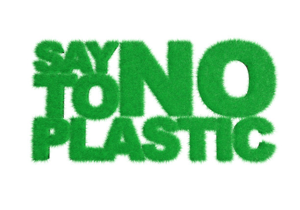 文字“对塑料说不”，由草制成，抽象的3d插图。孤立与白色背景。环境保护的概念。社会广告图片下载