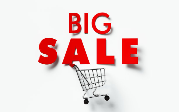 购物车和大减价文字在白色背景-营销概念图片下载