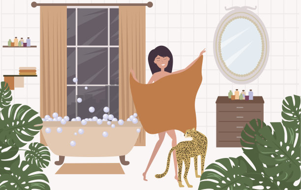 一个年轻女子在浴室里跳舞被热带植物和豹子包围着。可编辑的矢量图图片下载