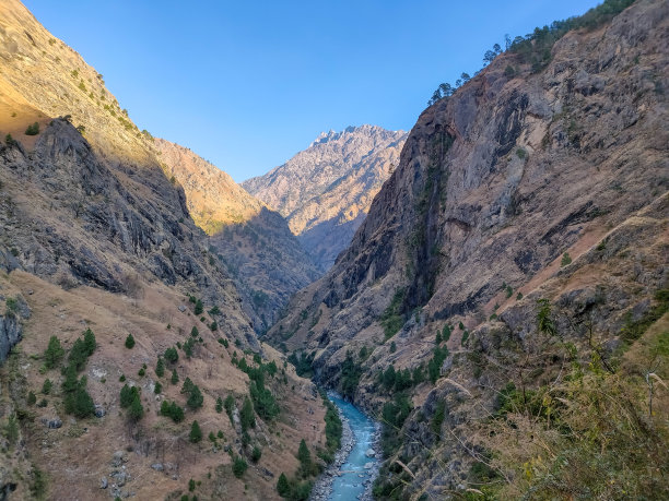 河流流过群山中间图片下载
