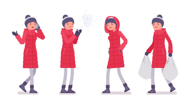 穿着红色长羽绒服的时髦女人走在大街上图片下载