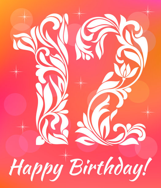 明亮的贺卡邀请模板。庆祝12岁生日。装饰字体与漩涡和花卉元素。图片下载