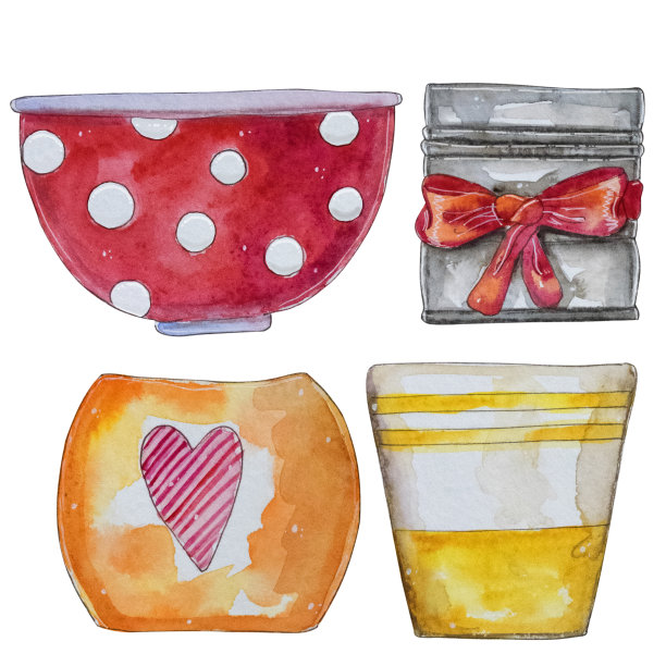 水彩手绘一套花盆。图片下载