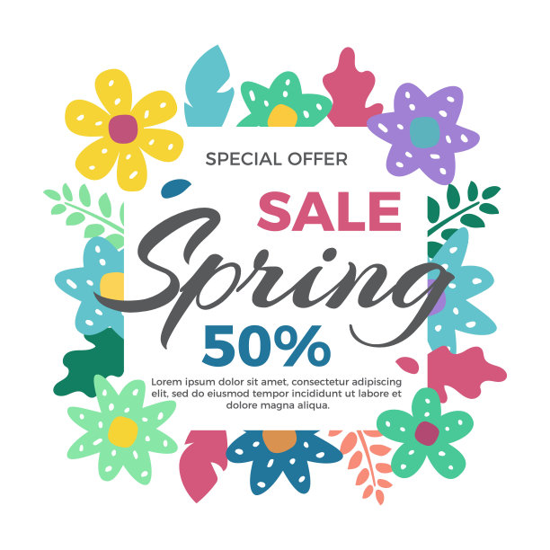 春季销售旗帜与鲜花矢量插图在几何平面风格图片下载