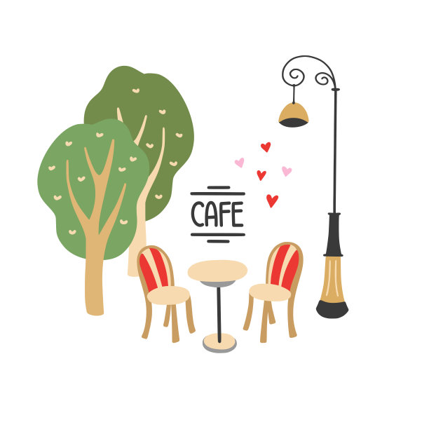 巴黎街头咖啡馆矢量图上的白色背景。两把椅子，桌子和树手绘图形元素图片下载