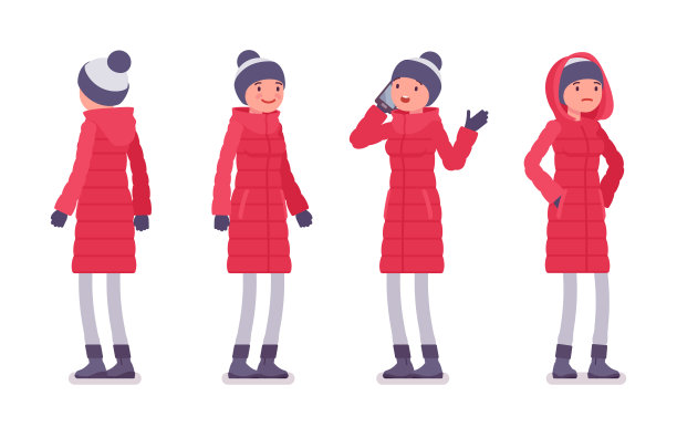 穿着红色长羽绒服的时髦女人站在那里图片下载