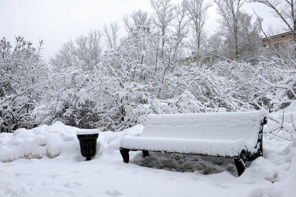 在一个被雪填满的公园长椅上图片下载
