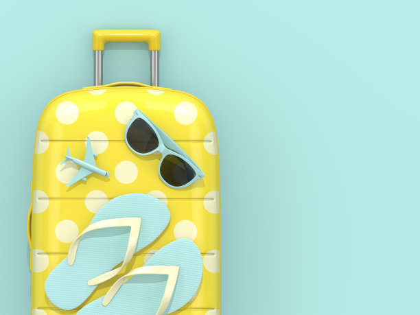 蓝色背景上的度假物品手提箱的3d渲染图片下载