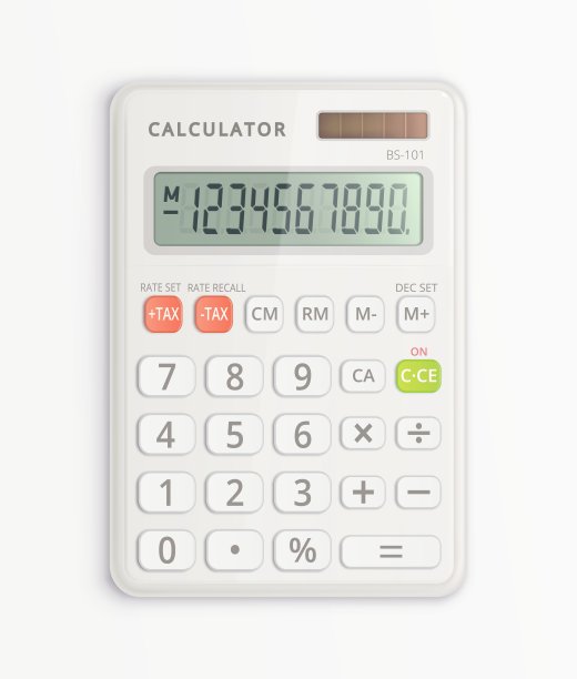 简单的白色计算器与太阳能电池隔离在白色。图片下载