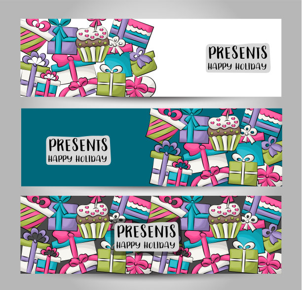 礼盒庆祝礼物横旗集。可爱的头邀请，广告，网页。手绘卡通风格的生日或圣诞节设计概念。矢量插图。图片下载