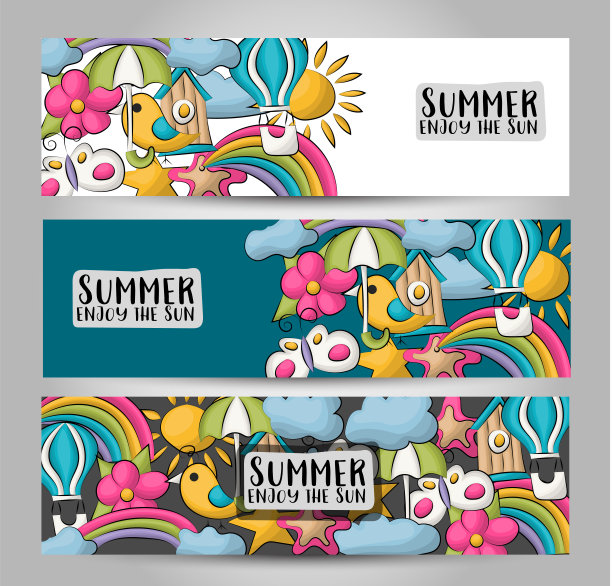 夏季横横幅设置在孤立的背景。标题设计出售，提供，折扣，优惠券。直线艺术矢量插图。图片下载