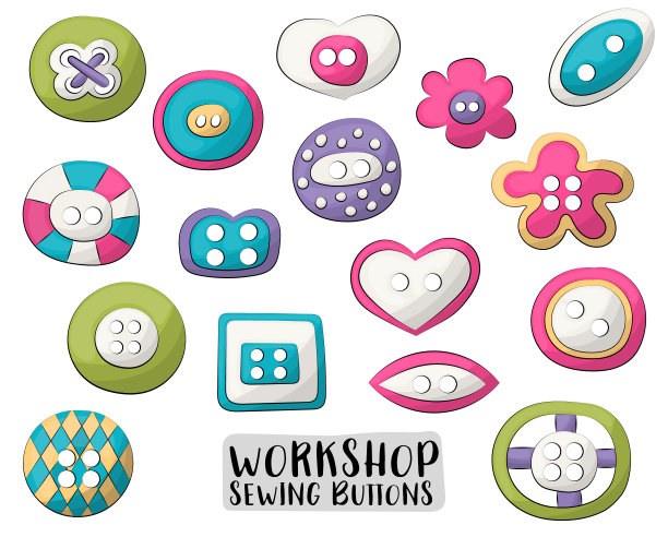 缝纫按钮一套图标和对象。手绘涂鸦卡通风格的工艺车间设计理念。矢量插图。图片下载