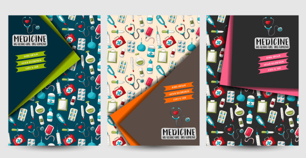 医药和保健传单或海报集。广告背景，菜单，宣传册模板。手绘卡通风格的医疗诊所设计理念。矢量插图。图片下载