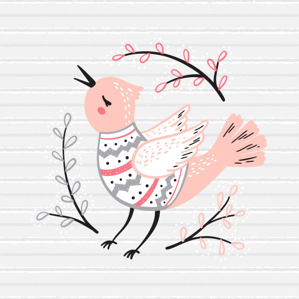 儿童t恤印花设计与可爱的唱歌的小鸟与柳枝。春天小鸣禽和灰色条纹无缝图案。婴儿淋浴斯堪的纳维亚海报设计矢量插图图片下载