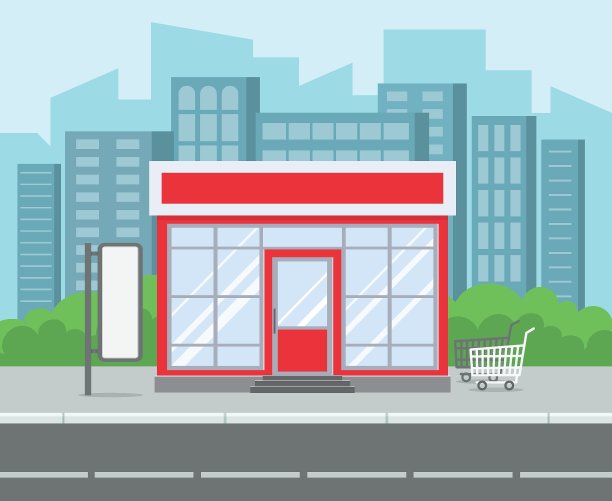 街购物。复古的杂货店，商店，房子，超市，城市街道外。购物街零售路卡通向量图片下载