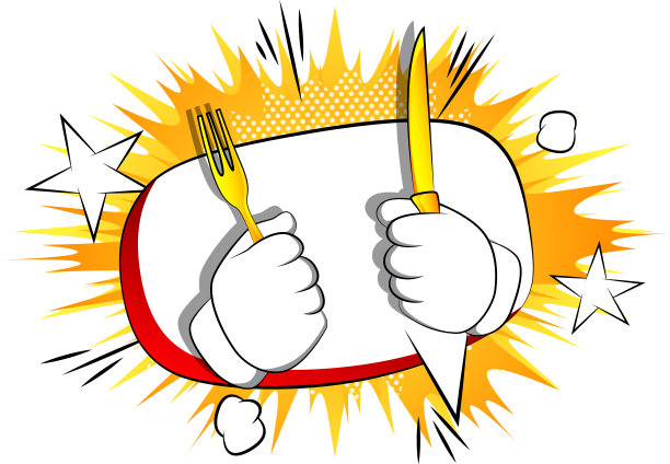 卡通手举着刀叉。图片下载